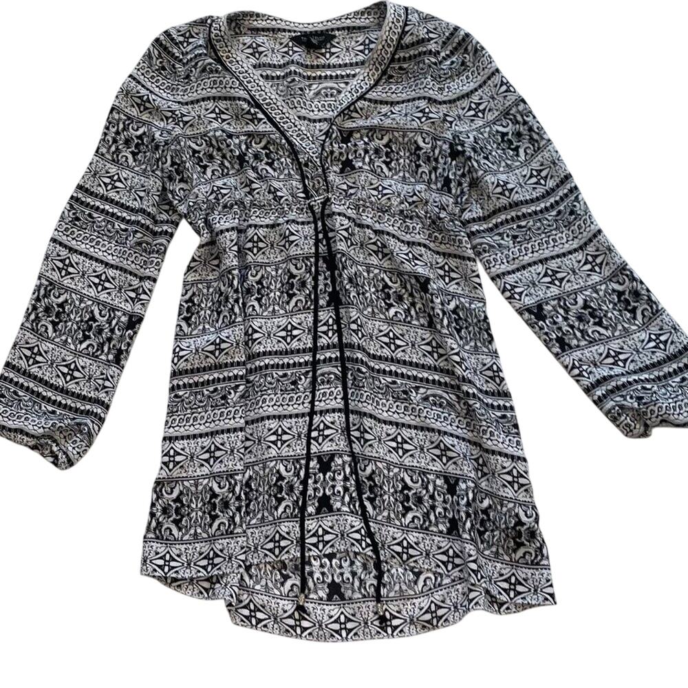 WHBM Black Allover Print Long Sleeve Peasant Top, Tassels Boho, 4